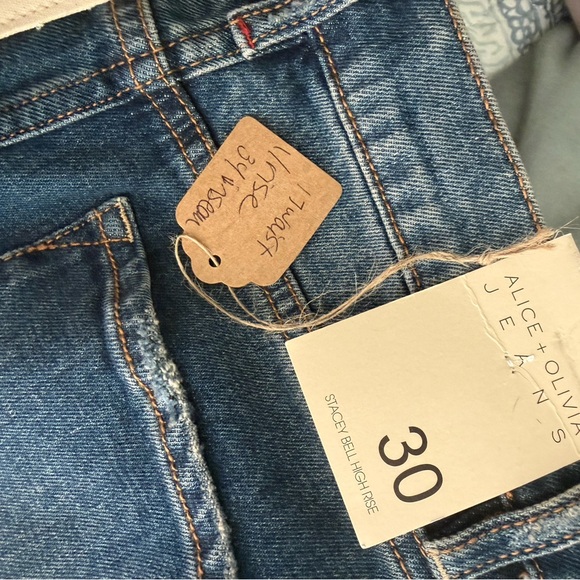 Alice + Olivia Faux Leather Patchwork High Rise Blue Flare Jeans - Picture 8 of 9